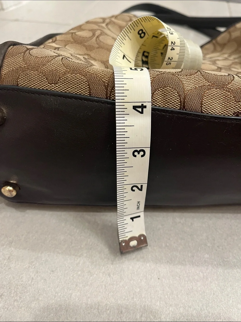 Coach Brown Signature Canvas Shoulder Bag with Brown Leather Trim